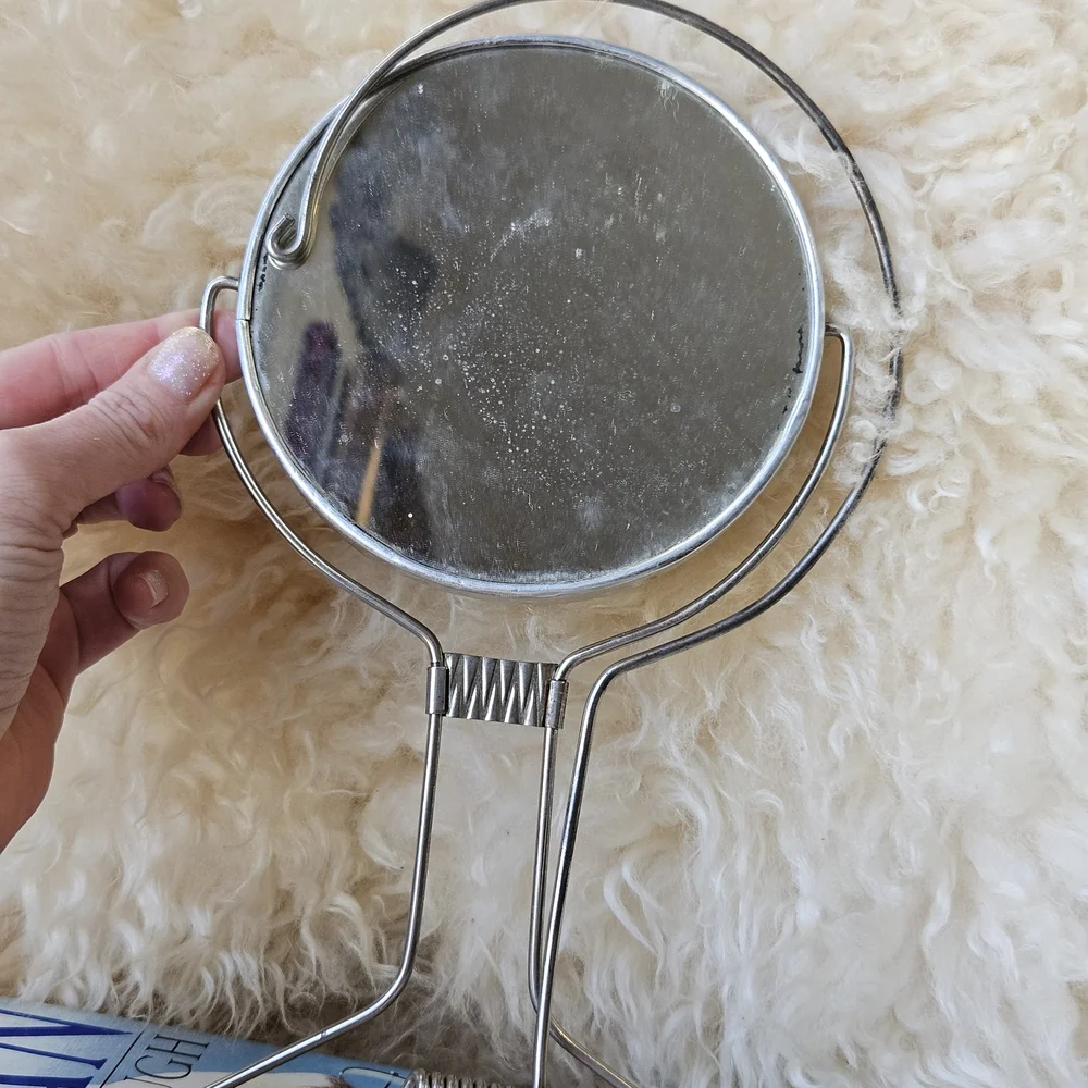 Vintage Midcentury 1960s Round 2-sided Silver Hanging Vanity Mirror
